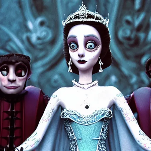 Image similar to an infallible princess, high resolution film still, live-action film by Tim Burton