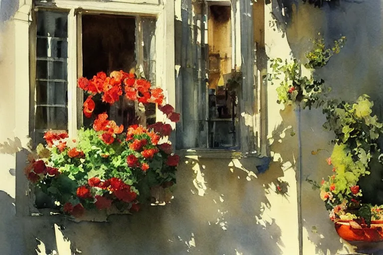 Prompt: abstract watercolor painting of spanish street, flowers in window, summer, magical and traditional, cinematic light, sharp shadows, daylight, national romanticism by anders zorn, by greg rutkowski, by greg manchess