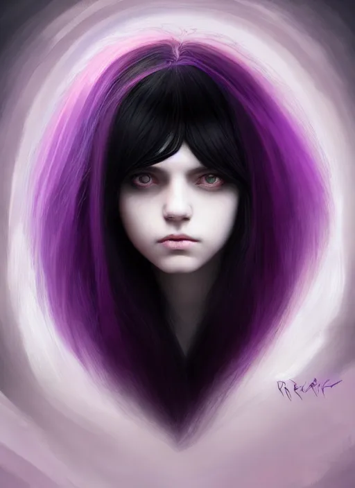 Image similar to hair blackbangs hair, white hair, blackbangs, portrait of teenage girl with white hair, red irises, purple clothes, black bangs, bangs are different color from hair, intricate, elegant, glowing lights, highly detailed, digital painting, artstation, concept art, smooth, sharp focus, illustration, art by wlop, mars ravelo and greg rutkowski