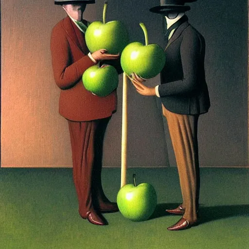 Image similar to Victorian gentlemen wearing a bowler hat behind the green apple, by beksinski and magritte