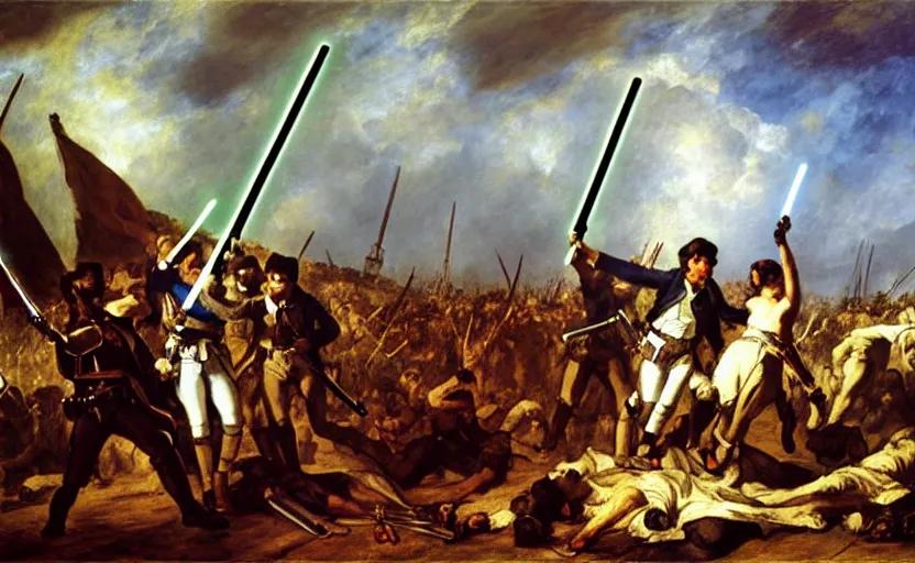 Prompt: liberty leading the people, french revolution, eugene delacroix, jedi, lightsaber, ewoks, endor forest, oil on canvas