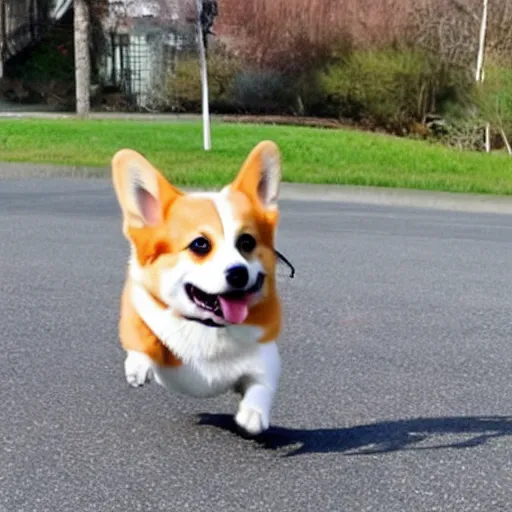 Prompt: people running away screaming scared for their life from a cute derpy corgi with the tongue out