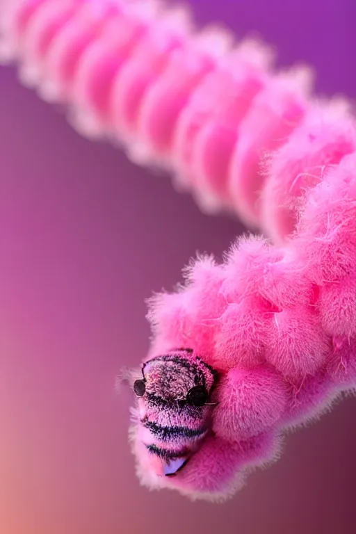 Prompt: high quality macro photo translucent fluffy caterpillar! gorgeous highly detailed hannah yata elson peter cinematic pink lighting high quality low angle hd 8k sharp shallow depth of field