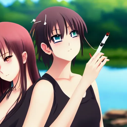 Prompt: two beautiful lesbian girls in love, smoking a weed cigarette with smoke, sitting in front of a lake, in the style of anime, close - up, highly detailed face, 4 k, pixiv, intricate, elegant, highly detailed, lush, stylized, japanese, smooth