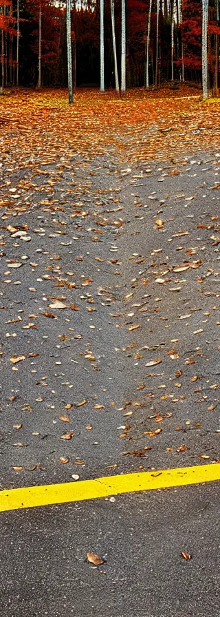 Prompt: “panorama of an abandoned gas station parking lot autumn forest realistic detailed cinema hasselblad camera detail cracked pavement wide angle”