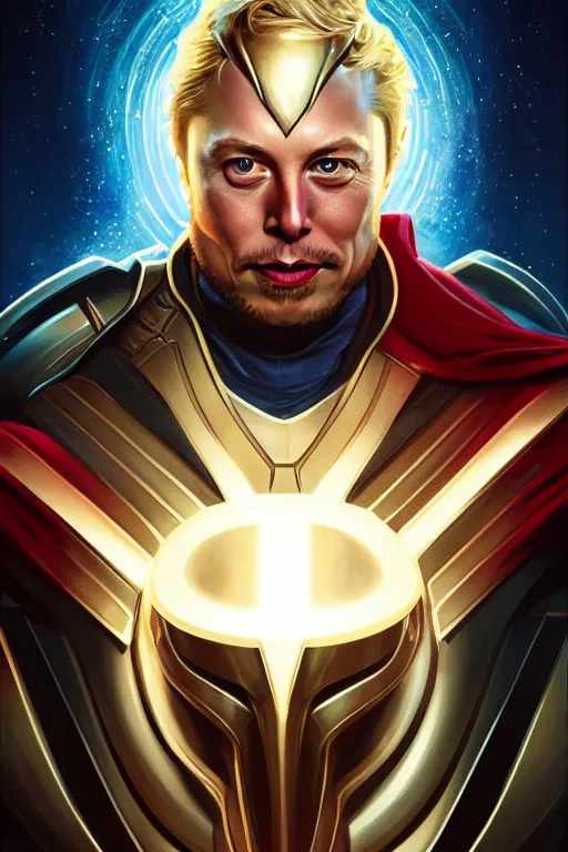 Image similar to elon musk as thor, realistic portrait, symmetrical, highly detailed, digital painting, artstation, concept art, smooth, sharp focus, illustration, cinematic lighting, art by artgerm and greg rutkowski and alphonse mucha