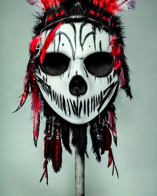 Image similar to the ghost - spirit of the grim - warpaint wears the scarlet skull armor and native blood headdress feathers, midnight fog - mist!, dark oil painting colors, realism, cinematic lighting, various refining methods, micro macro autofocus, ultra definition, award winning photo, photograph by jamie salmon