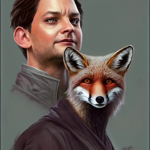 Image similar to tobey maguire and a red fox, intricate, highly detailed, digital painting, artstation, concept art, smooth, sharp focus, illustration, unreal engine 5, 8 k, art by artgerm and greg rutkowski and alphonse mucha