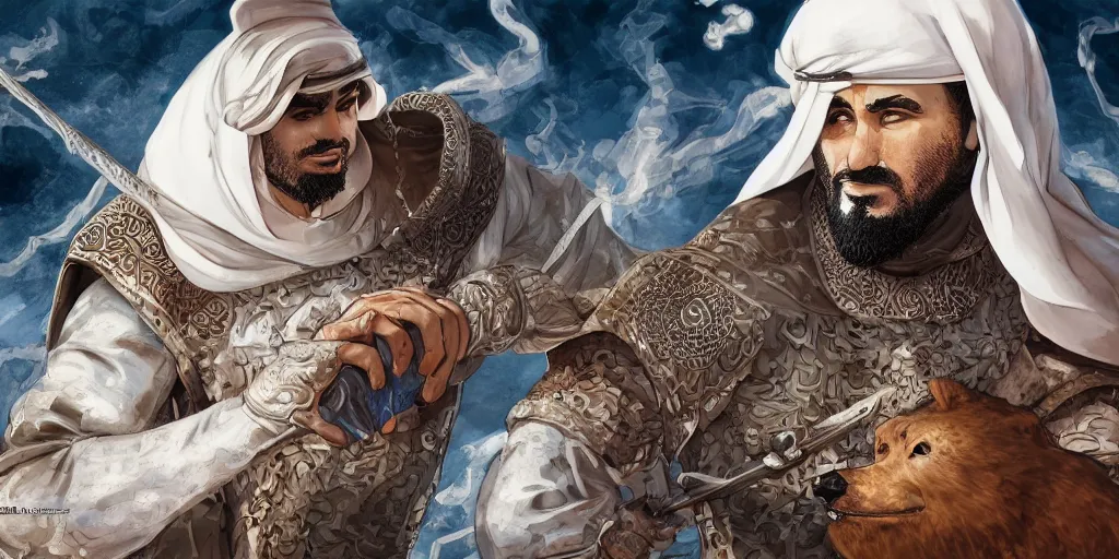 Image similar to sheikh mohammed ruler of dubai, medieval, human, village, berserk anime background, cooking a big bear, detailed features, concept art, pop art, illustration, smooth, sharp focus, intricate, 4 k