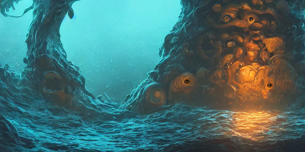 Prompt: of a dark and stormy ocean with large strange cute water creatures with big eyes, mouth and round teeth appearing from the water, in the style of Gaudi, macro lens, shallow depth of field, highly detailed, digital painting, trending artstation, concept art, illustration, cinematic lighting, vibrant colors, photorealism, epic, octane render