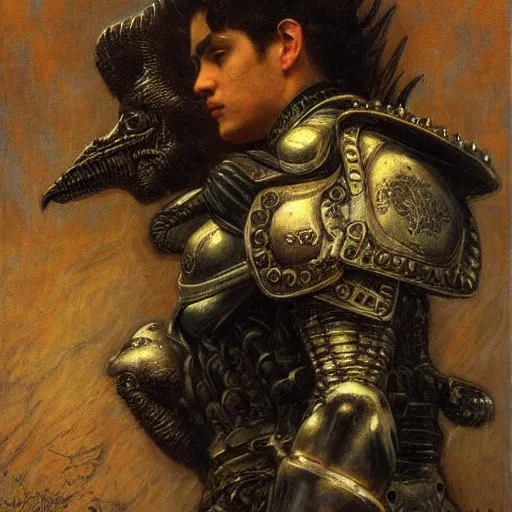 Image similar to a young man wearing a black armor holding the head of a predator, highly detailed painting by gaston bussiere and j. c. leyendecker 8 k the black armor is made by gustave dore