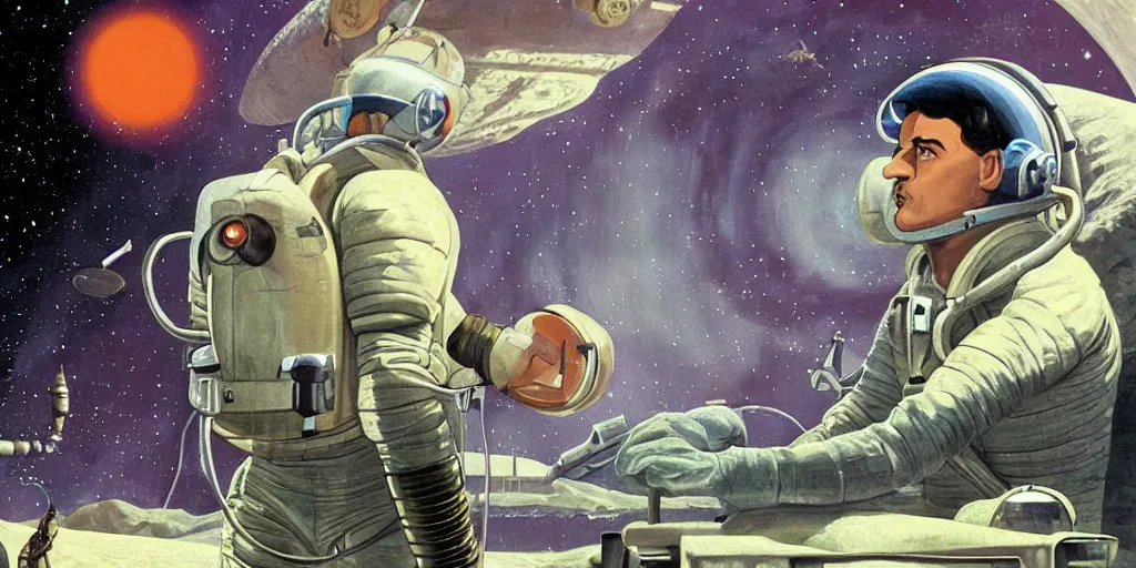 Prompt: a portrait of stallone pilot in spacesuit on roof over field forrest spaceship station landing laying lake artillery outer worlds in FANTASTIC PLANET La planète sauvage animation by René Laloux