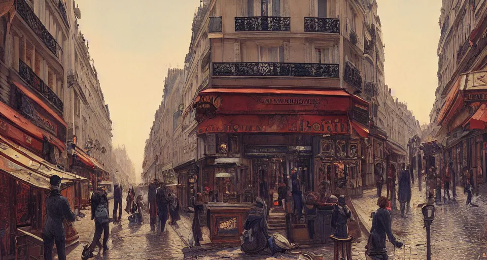 Prompt: paris 1888, street scene, street level, hyperdetailed, vivid colors, artstation, cgsociety, 8k