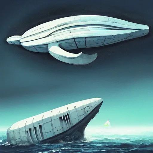 Prompt: beautiful painting of a white whale spaceship in the style of Simon Stålenhag and H. R. Giger, detailed, trending on Artstation