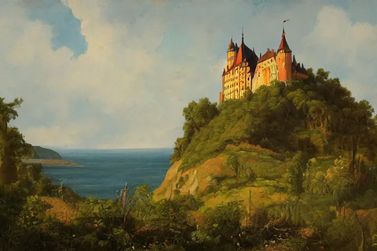 Image similar to a painting of a german castle on the cliff