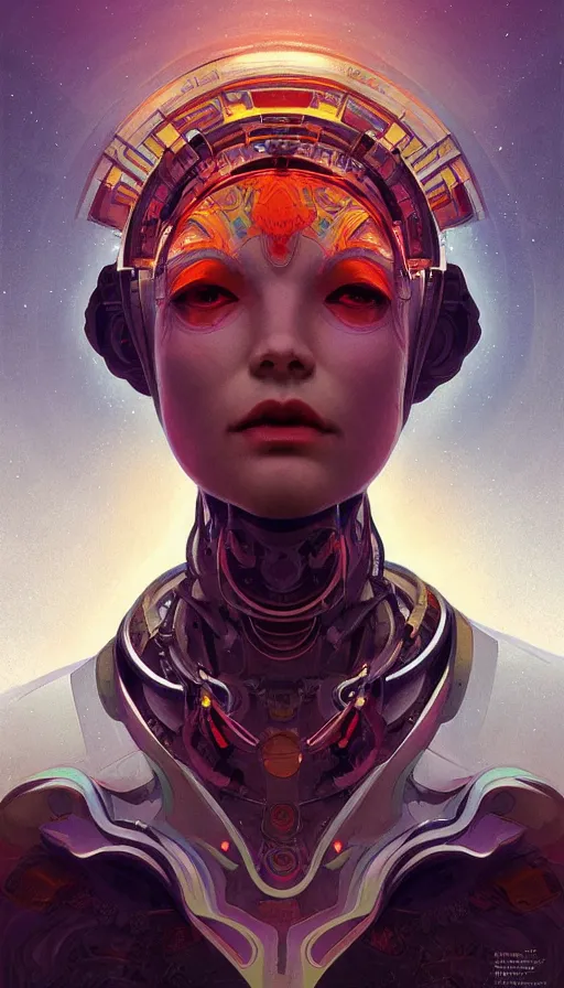 Image similar to Character design of a scifi psychedelic robot shaman, symmetrical, center punched, Archviz, elegant, intricate, digital painting, artstation, concept art, smooth, sharp focus, illustration, art by artgerm and greg rutkowski and alphonse mucha