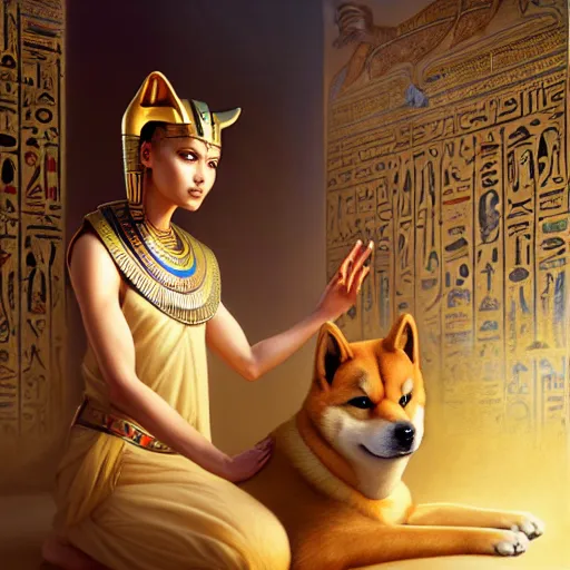 Prompt: portrait painting of egyptian pharaoh petting a shiba inu, ultra realistic, concept art, intricate details, eerie, highly detailed, photorealistic, octane render, 8 k, unreal engine. art by artgerm and greg rutkowski and charlie bowater and magali villeneuve and alphonse mucha