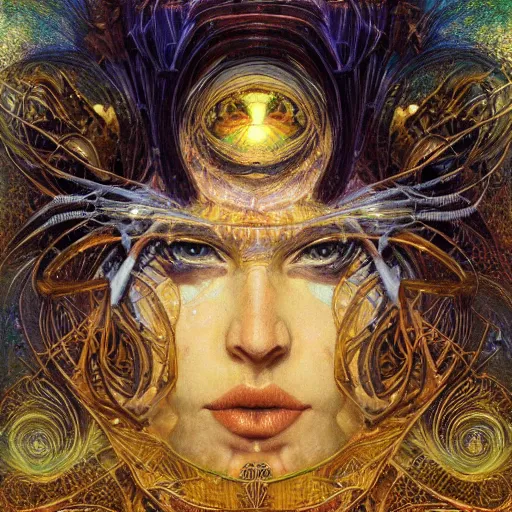 Image similar to a beautiful visionary portrait of Divine Chaos Engine by Karol Bak, Jean Deville, Gustav Klimt, and Vincent Van Gogh, sacred geometry, mystic, otherworldly, fractal structures, ornate gilded medieval icon, third eye, spirals