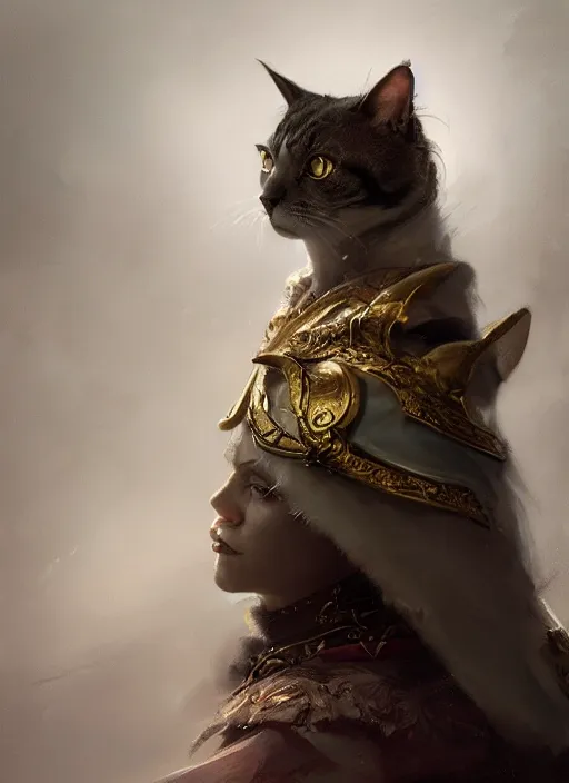 Prompt: side profile of a cat wearing a crown and royal cloak, fantasy, digital painting, volumetric light, intricate, sharp, focus, bloom, illustration, highly detailed, concept art, matte, ruan jia, randy vargas, greg rutkowski