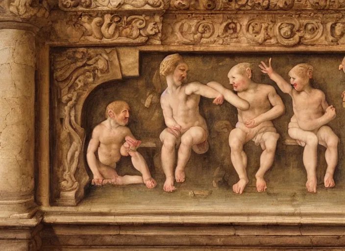 Image similar to detailed renaissance style painting of 3 monkeys enjoying the roman baths, soft edges, oil painting