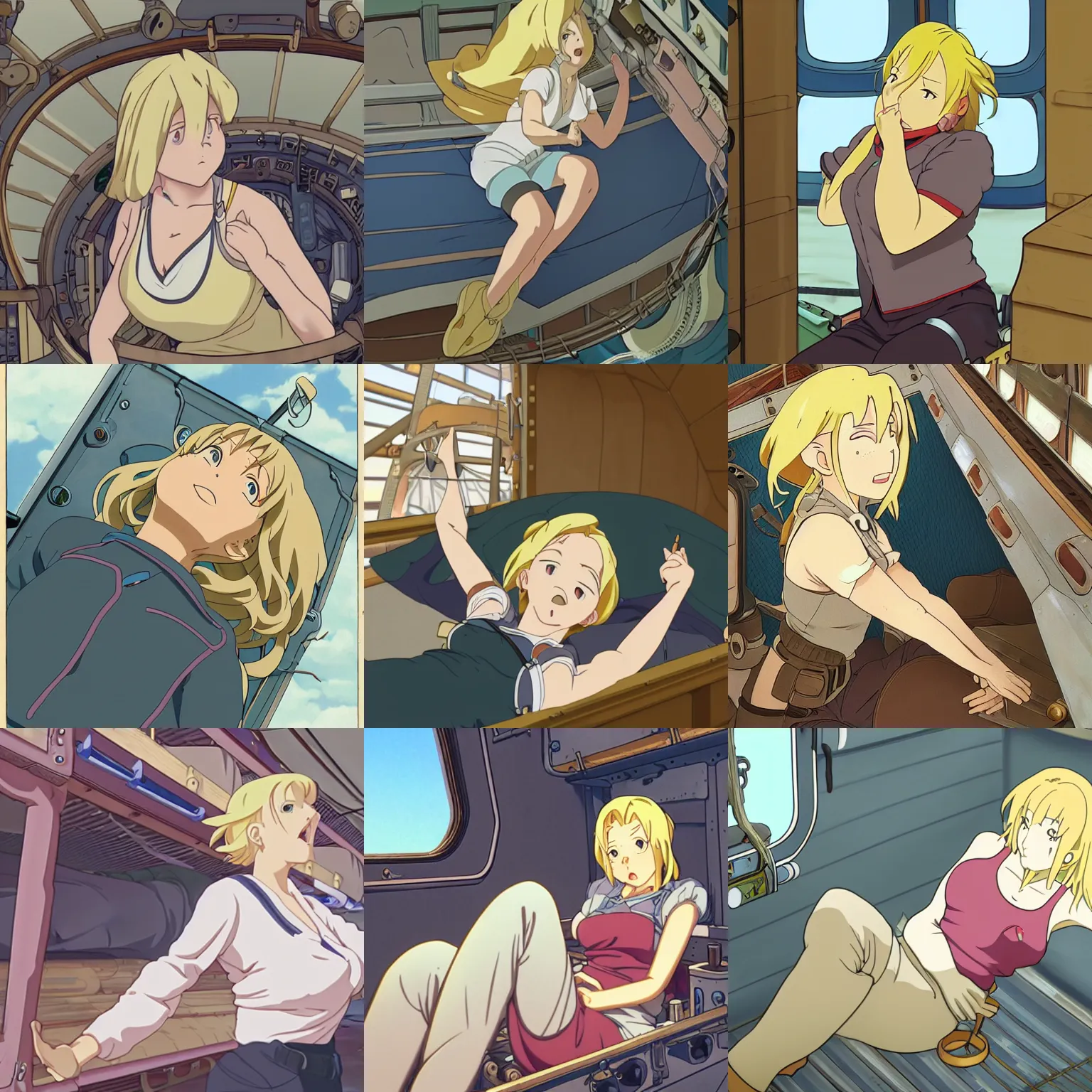 Prompt: Portrait of a tank top-clad blonde female airship mechanic stretching and yawning in her cramped bunk, steampunk, defined facial features, highly detailed, animation cel, official anime screenshot, Kyoto Animation, Studio Ghibli, Makoto Shinkai, Alphonse Mucha