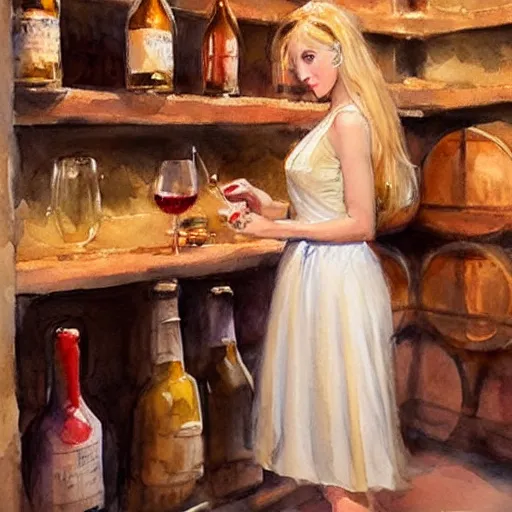 Image similar to beautiful blonde in hot dress in a wine cellar, food, pork, beer, schnapps, rustic, traditional, torches on the wall, watercolor by vladimir volegov, highly detailed, masterpiece