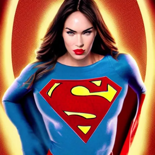 Image similar to megan fox as superwoman, fully body superhero portrait