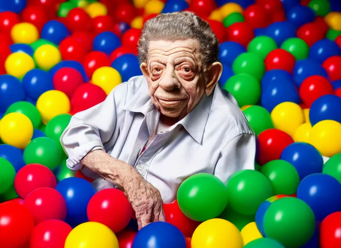 Prompt: photo still of jerry stiller in a ball pit!!!!!!!! at age 4 6 years old 4 6 years of age!!!!!!!! hiding from parents, 8 k, 8 5 mm f 1. 8, studio lighting, rim light, right side key light