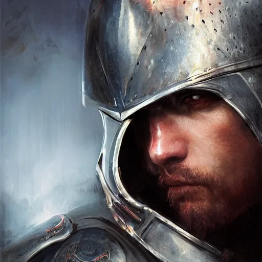 Prompt: a portrait of a knight by raymond swanland