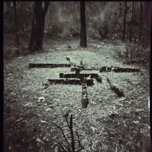 Image similar to occult sacrifice site in the Louisana swamp, detailed, dark, scary, real Polaroid photo