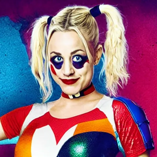 Image similar to A still of Kaley Cuoco as Harley Quinn