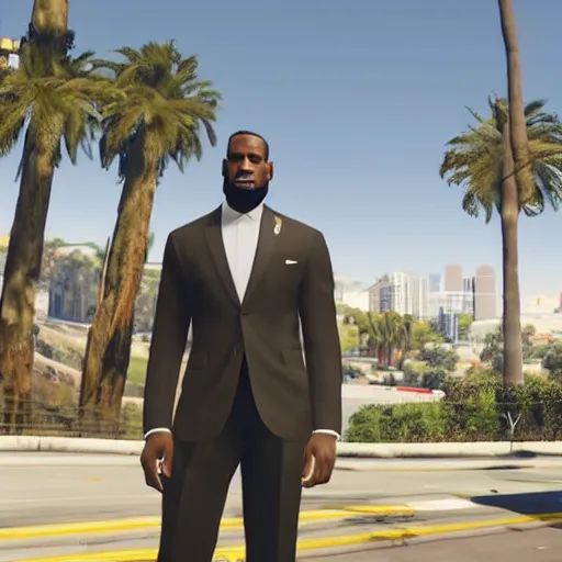 Image similar to Lebron James wearing a suit in GTA V . Los Santos in background, palm trees. in the art style of Stephen Bliss