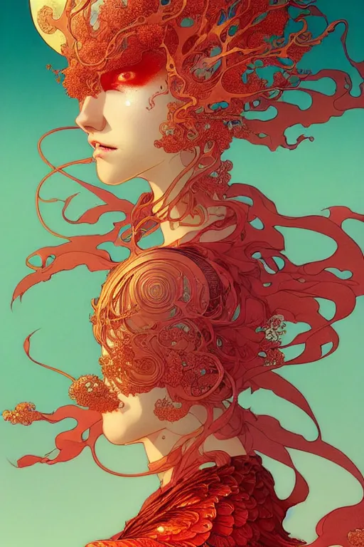 Image similar to a beautiful hyperdetailed character design 4 k wallpaper illustration of a huge reddish phoenix by victo ngai and mucha, denoise, deblurring, artgerm, xision, james jean, ross tran, chinese style