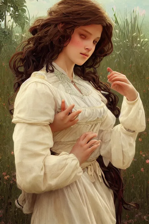 Image similar to beautiful cottagecore young peasant maiden, innocent, intricate, elegant, highly detailed, digital painting, artstation, concept art, smooth, sharp focus, illustration, art by artgerm and greg rutkowski and alphonse mucha