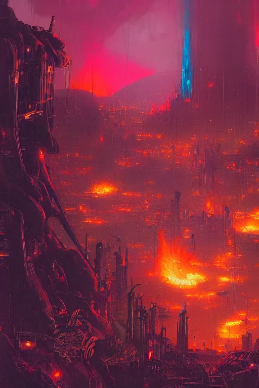 Image similar to a cyberpunk city in the crater of a volcano, lava flowing, smoke, fire, neon, industrial, by paul lehr, jesper ejsing