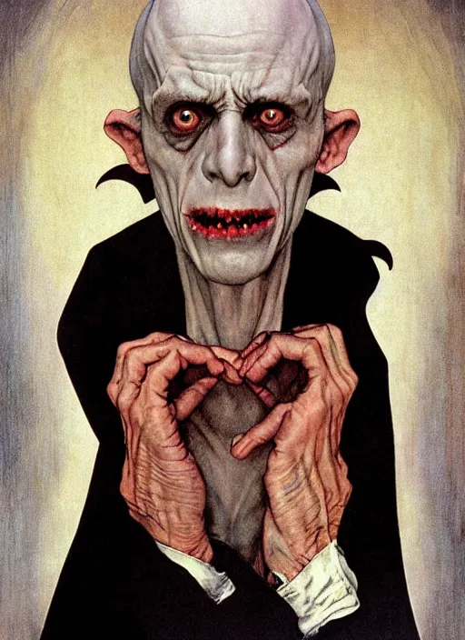 Prompt: upper body portrait of old brad dourif as nosferatu, by norman rockwell