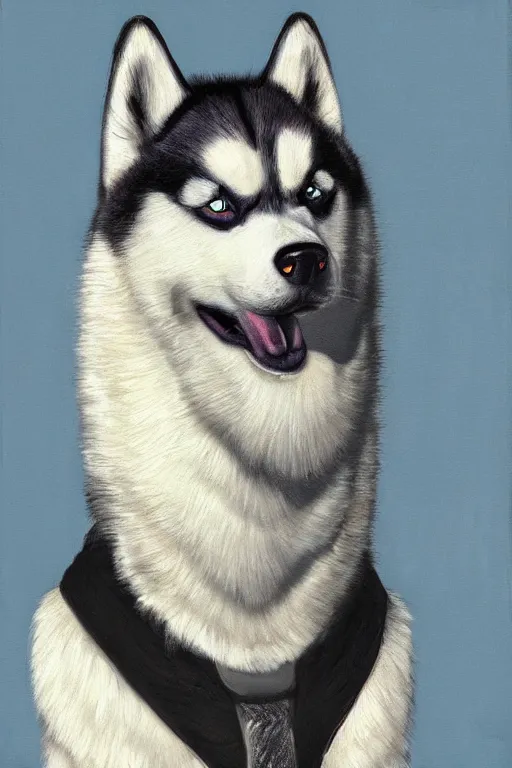 Image similar to a character design of a husky wearing a white vest, portrait painting, furry, humanoid, anthropomorphic, personify, anime