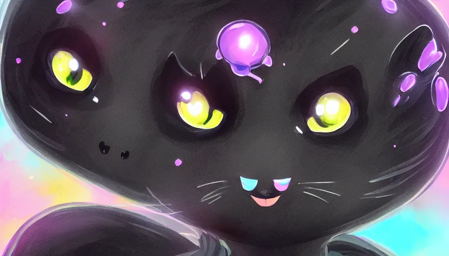 Prompt: a digital art close up portrait of black slime cat character design from concept art of slime rancher, cute black liquid black oil, ink cat character sheet, 4 k, cartoon art, stickers illustrations, beautiful avatar pictures