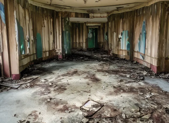 Image similar to the inside of the building for a Winnie the Pooh Disney wide, shut down, abandoned, Florida, out of business building, got shut down, kids place, interior, liminal spaces, backrooms, empty