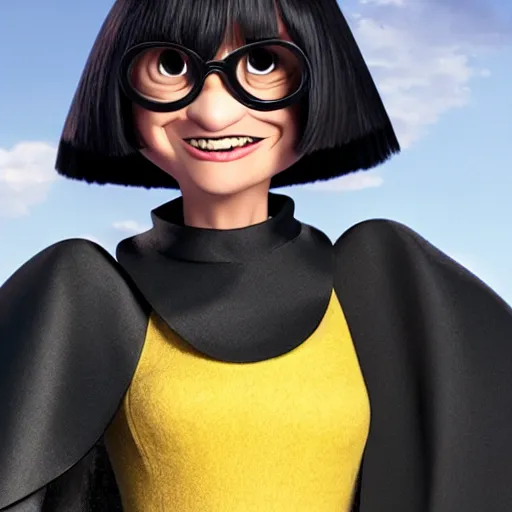 Prompt: a still of upset Edna Mode wearing a cape, Pixar (2018)