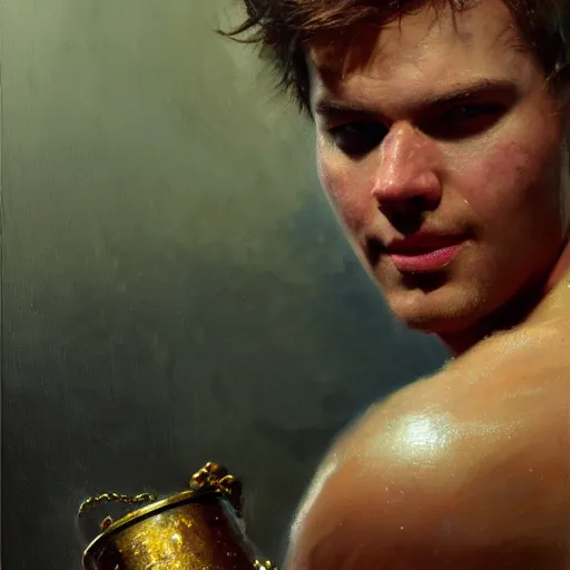 Image similar to detailed realistic cinematic wide shot of beautiful attractive muscular john green with gold chain wearing blue bath robe slim face symettrical face clean skin black eyes black robe smooth, sharp focus, ultra realistic, spring light, painting by gaston bussiere, craig mullins, j. c. leyendecker