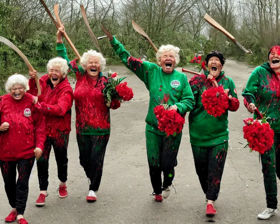 Prompt: a gang of old ladies waving machetes, and carrying flowers, and wearing green Umbro track suits and red splatters laughing maniacally and screaming