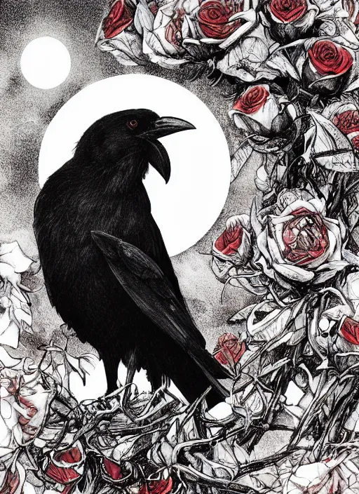 Image similar to portrait, A crow with red eyes in front of the full big moon, book cover, red roses, red white black colors, establishing shot, extremly high detail, foto realistic, cinematic lighting, pen and ink, intricate line drawings, by Yoshitaka Amano, Ruan Jia, Kentaro Miura, Artgerm, post processed, concept art, artstation, matte painting, style by eddie mendoza, raphael lacoste, alex ross