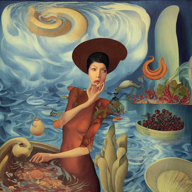 Image similar to tall female artist holding a nautilus in her flooded kitchen, pomegranates, window, octopus, water gushing from ceiling, painting of flood waters inside an artist's apartment, a river flooding indoors, ikebana, zen, rapids, waterfall, black swans, canoe, berries, acrylic on canvas, surrealist, by magritte and monet