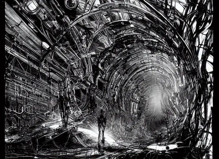 Prompt: light at the end of the tunnel by tsutomu nihei, inked, minute details, desolation, hyper realistic, cosmic horror, biomechanical, beautiful