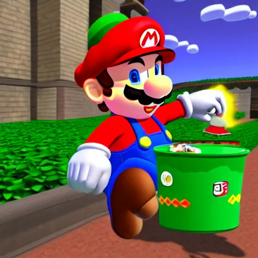 Prompt: super mario throwing away some trash