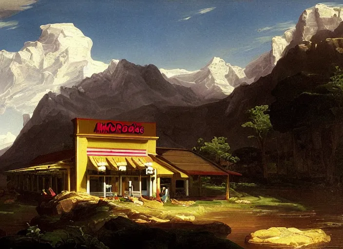 Image similar to painting of a mcdonalds restaurant in front of beautiful mountains by thomas cole