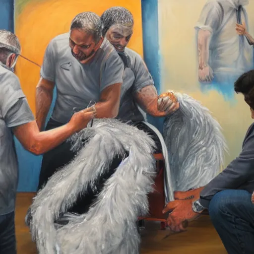 Prompt: a detailed painting of joel glazer being tarred and feathered