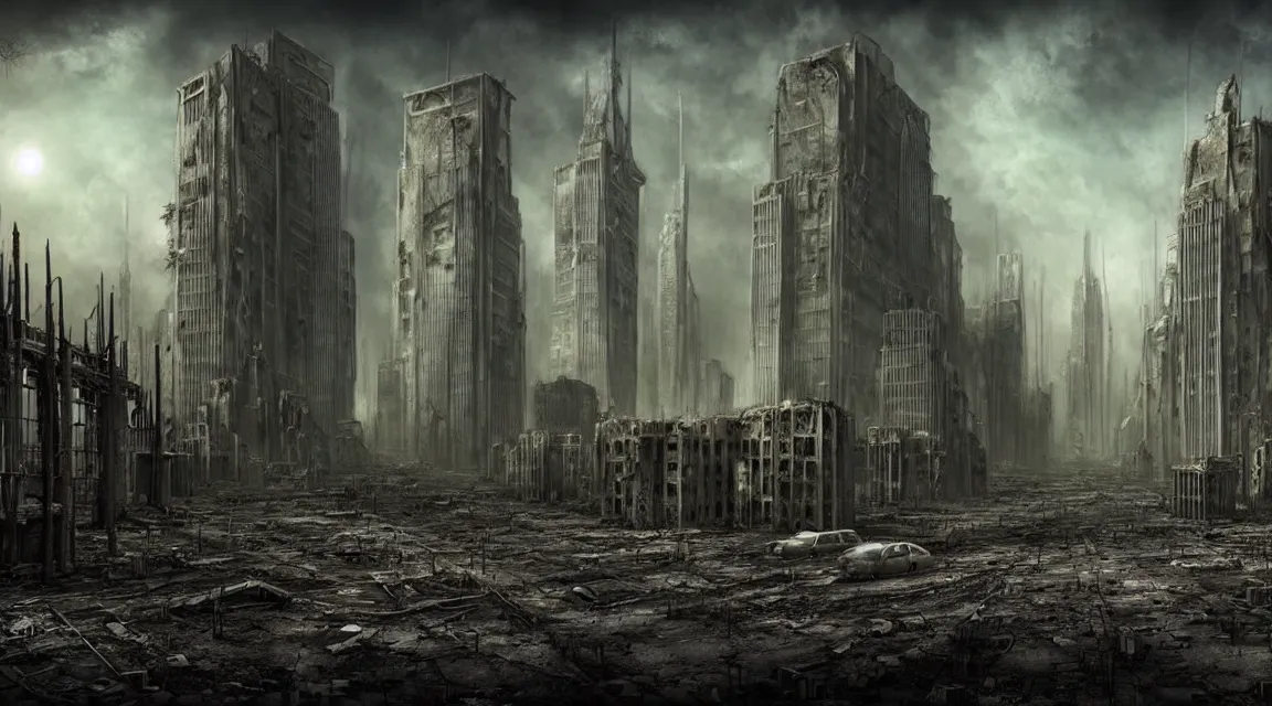 Image similar to post - apocalyptic dystopian building, avenue, in the style of vladimir manyukhin