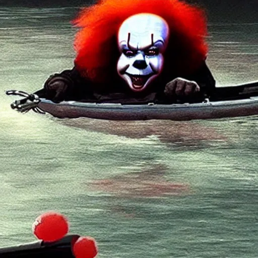 Prompt: pennywise the clown fighting darth vader on a kayak, photo, hyperrealistic, star wars, it